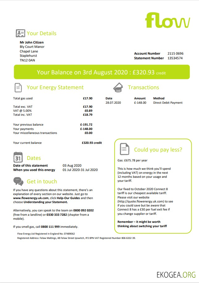 United Kingdom Flow Energy utility bill template in Word and PDF format